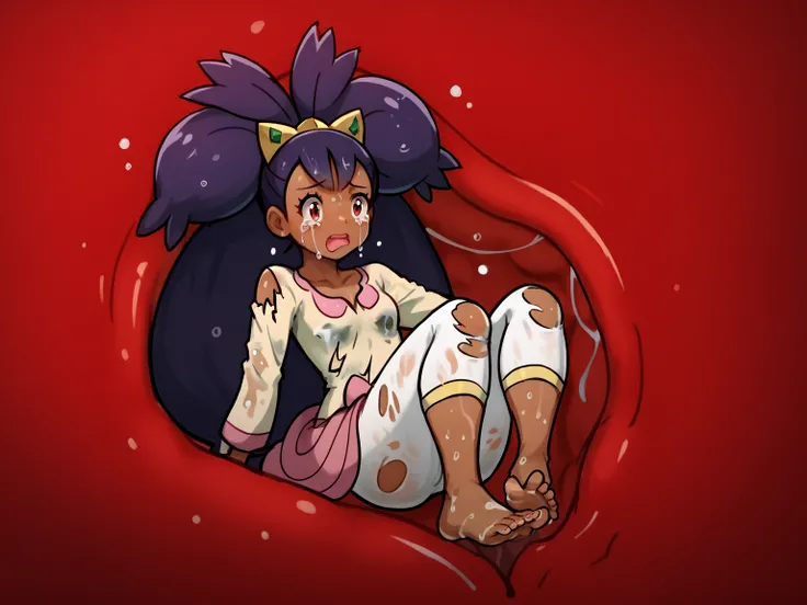 1girl, solo, iris \(pokemon\), purple hair, long hair, red eyes, dark skin, big hair, hair ornament, white leggings, long sleeves, miniskirt, pink skirt,, 
 ,, solo_vore_internal, inside stomach, tight space, vore, deep red water, stomach acid, gastric aci...