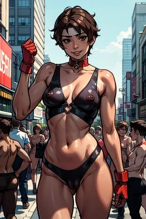 sakura kasugano, brown eyes, (short brown hair),(white headband), sailor collar,, navel,, red gloves, looking at viewer, smiling, standing, medium shot,  outside, city, street, market, crowd,, blue sky, high quality, masterpiece,  ,(((full nude))),(((nsfw)...