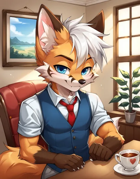 anime art style, cartoonish anime. chibi boy, male only, furry. He is fox beast man, red fox-like, he has a light orange fur. He has a slim face, thin ears, short white hair, a blue eyes and a tattoo on his cheek. He is a young ager, he has muscular build....