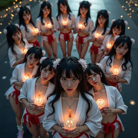 Exposed Open Gigantic Cleavage, CoveredNipple without Bra, Transform into 8K UltraDetailed Live-Action, Photorealistic, ExtremelyDetailed Professional Photography of KAWAII FUNDOSHI Girls at HAKATA GION YAMAKASA, FullBody from below, MagicHour Miracle, Eth...