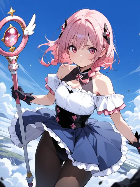 1girl, (pink hair, twin low-braided medium hair, pink eyes), off-shoulder white shirt, short sleeves, black halterneck leotard, leotard under clothes, high-waist skirt, blue skirt, frills, hair ornament, white pantyhose, magical girl, tranforming to magica...