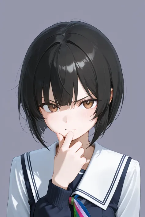 Masterpiece, 最 High Quality ,  High Quality , Year 2023,
 anime character,  black hair、 brown eyes, student、Alone,  bob cut、 girl , close your mouth、 blushes、 angry、I'm ashamed 、regrettable、rainbow flag background、Uniform ribbon