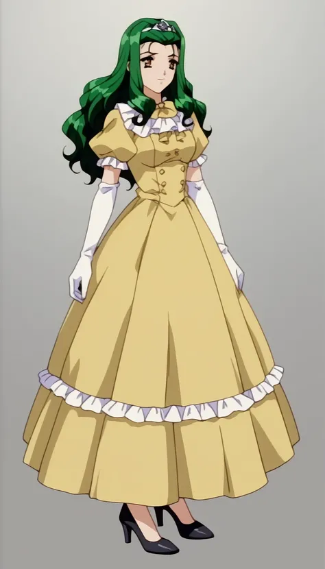 Kondo Nagisa、 green hair、Yellow princess dress、 elbow gloves  , black heel pumps、
