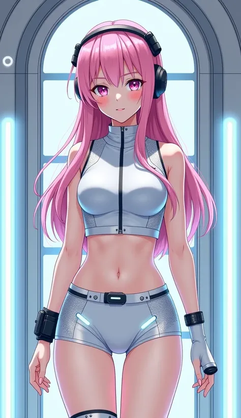 Detailed anime illustration, pixiv style,anime love-live style, zero gravity space. Woman dressed in white spaceship high-tech capsule, cold sleep device. Japanese woman, pink long hair, blush,shy,wearing futuristic underwear with biosensors and circuit pa...