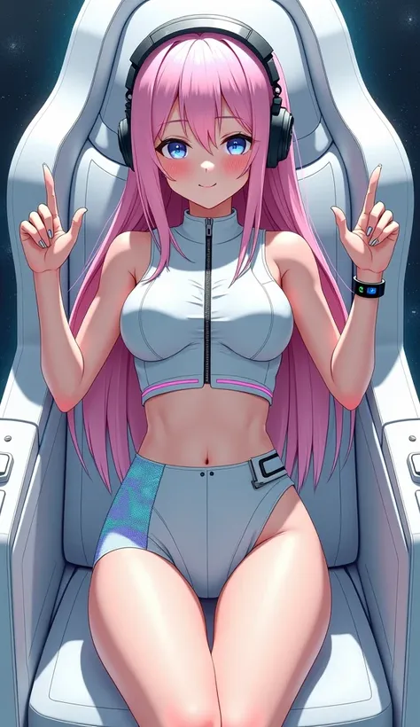 Detailed anime illustration, pixiv style,anime love-live style, zero gravity space. Woman dressed in white spaceship high-tech capsule, cold sleep device. Japanese woman, pink long hair, blush,shy,wearing futuristic underwear with biosensors and circuit pa...