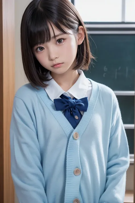  Highest Image Quality, realistic,japanese,Neutral,Junior,school,cute boy,cute, man's daughter,Otokonoko,Eye Makeup,school uniform, so you can see your whole body,light blue cardigan,small tits