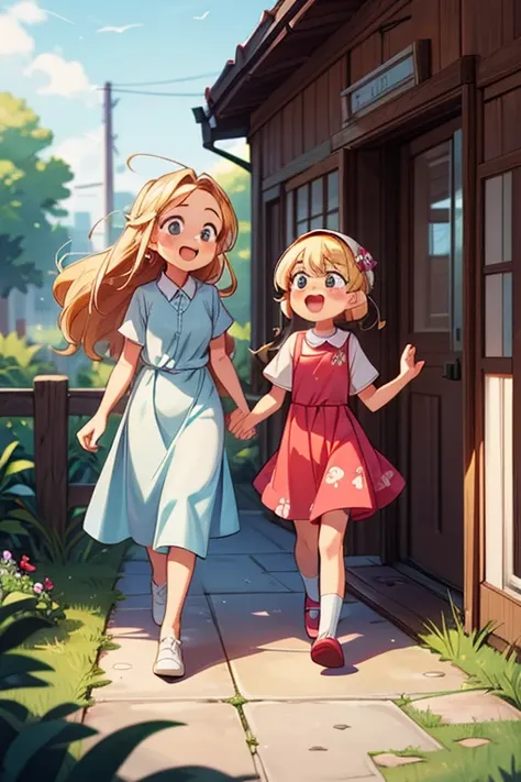 Masterpiece, best quality) 2 girls sisters blonde long hair, floral long formal dress, Jehovah´s Witnesses, outdoors, preaching in houses, full body, smilling