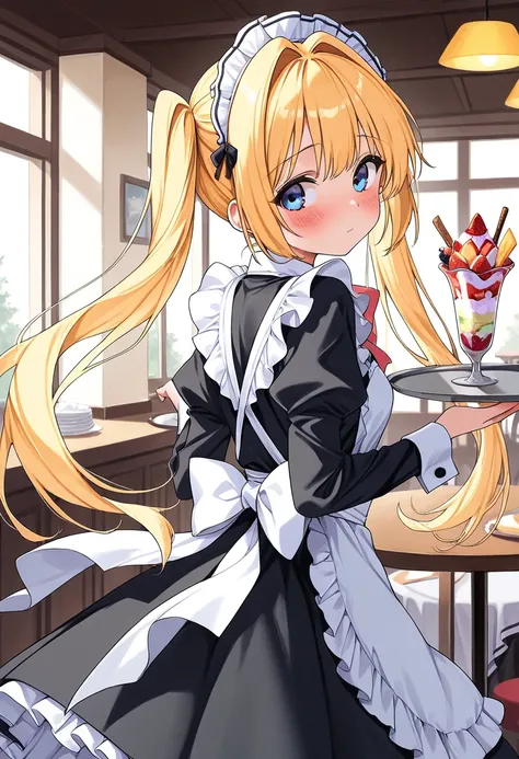 1girl, blonde hair, blue eyes, long hair, twintails, looking back, blush, hair intakes, maid, waitress, maid headdress, food, tray, parfait, fruit, bow, solo, table