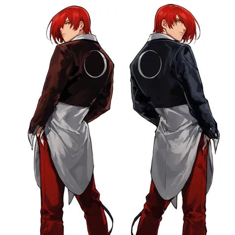 looking at viewer, short hair, bangs, simple background, shirt, long sleeves, 1boy, white background, closed mouth, standing, jacket, white shirt, male focus, red hair, looking back, pants, from behind, hair over one eye, black jacket, multiple views, feet...