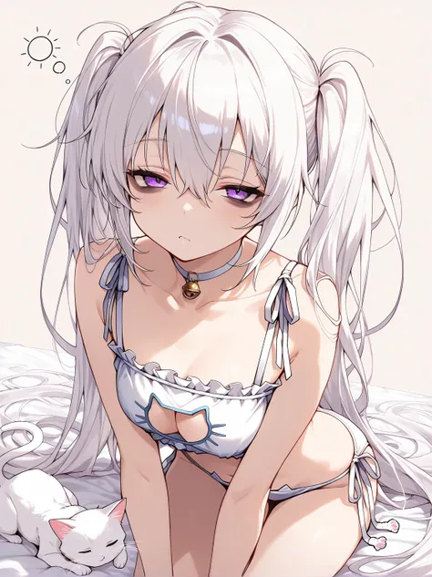 1girl, white hair, very long hair, twintails, purple eyes, looking at viewer, sleepy, bags under eyes, (white cat lingerie), dynamic angle,, (masterpiece, best quality, extremely detailed), perfect composition, simple background,