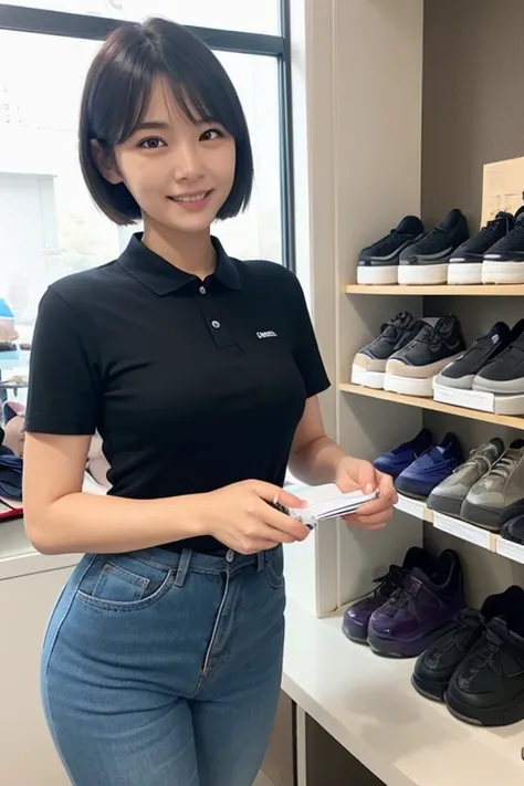  Japanese woman、whole body、slouch、Shoe store、Light makeup、short hair、 black hair、 straight、Enthusiastic at work 、front、 T-shirt with a wrinkled collar、Flat chested、Fully visible、 tie the customer's shoelaces 、Give a customer's point of view 