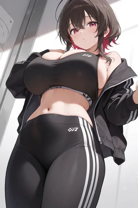 Anime girl with black sports bra tight huge breasts tight black jacket and black leggings tight 