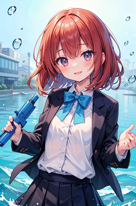 (8k、 best quality 、masterpiece:1.2)、   in ultra high quality  、1 person、 is cute 、 small breasts、 high definition face、 navy blue blazer ,  white blouse、 shirt、大量のrain、rain、  wet、 black underwear、ribbon、Gothic Long Skirt、Water droplets on body、Looks like a...