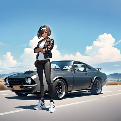 1 female, solo, short hair, shirt, dark hair, red eyes, brown skin, leaning against car, ((black leather jacket with rolled up arms)), open jacket, ((white headband)), white T-shirt, outdoors, sky, shoes, black fingerless gloves, brown belt, black pants, c...