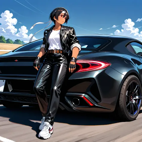 Great Screen, Masterpiece, Amazing Quality, Very Aesthetic, High Resolution, 1 Woman, Solo, Short Hair, Shirt, Black Hair, Red Eyes, Brown Skin, Leaning Against Car, ((black leather jacket with rolled up arms)), Open Jacket, ((white headband)), White T-shi...