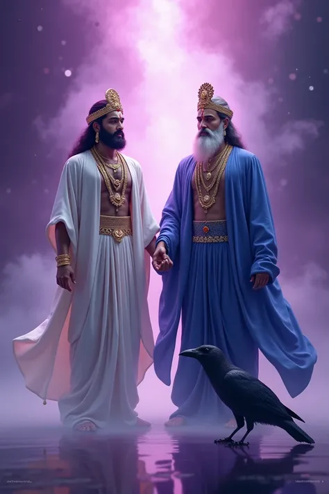 Lord sukra in white dress and lord saneeswara in blue dress with crow. Thr the purple colour background