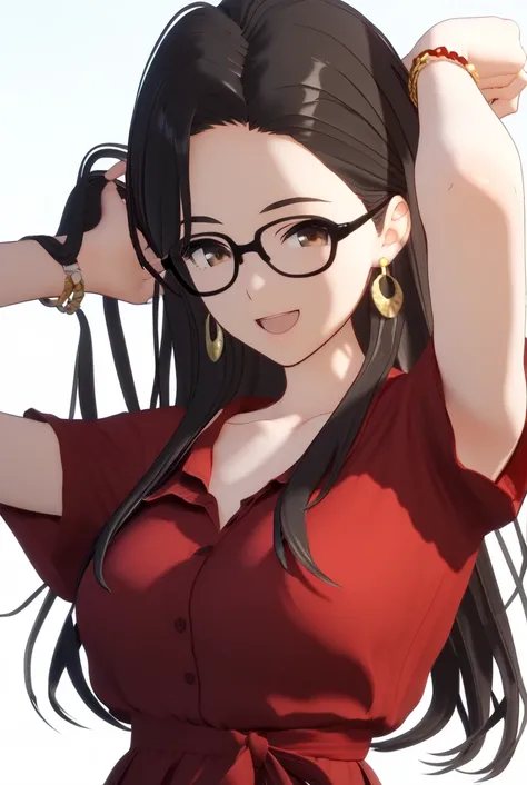 (score_9,score_8_up,score_7_up, ),mature female,GBC_RW,1girl,solo,earrings,jewelry,long hair,black hair,red dress,black-framed eyewear,open mouth,short sleeves,collarbone,brown eyes,smile,looking_at_viewer,front view,(white background:1.2),slender,slender_...