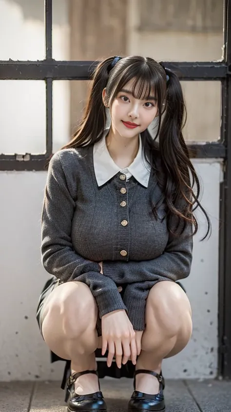 ((Masterpiece:1.2、 best quality 、TMasterpiece))、 female 1 person、Alone、classroom、day、(Korean idol:1.25)、(squats:1.4)、 black hair、whole body、(length, Thin legs:1.2)、((amount:1.4))、 cute face、 Wave Hair、  Medium Hair 、 Beautiful Legs、break、(( dress))、( big b...