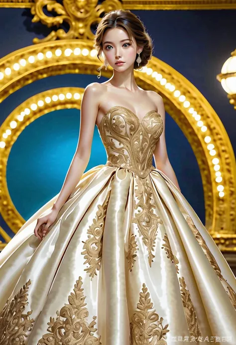  Night at the Museum、Super realistic beautiful eyes, thick shiny satin ball gown dress with intricate design,  high resolution,  Stunning Proportions :1.5