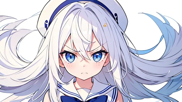  angry face、Pure white background、 white hat with gold decoration、 long white hair that covers shoulders、Sailor&#39; white uniform