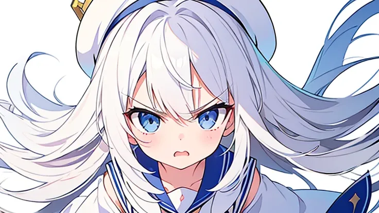  angry face、Pure white background、 white hat with gold decoration、 long white hair that covers shoulders、Sailor&#39; white uniform