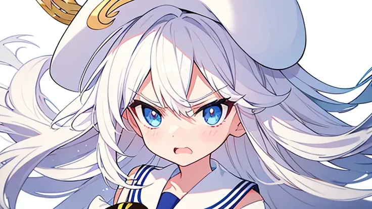  angry face、Pure white background、 white hat with gold decoration、 long white hair that covers shoulders、Sailor&#39; white uniform