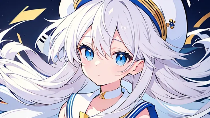 Anxious figure 、white background on the head、 white hat with gold decoration、 long white hair that covers shoulders、Sailor&#39; white uniform