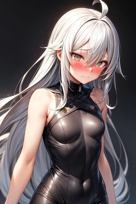 ((best quality)), ((masterpiece)), (detailed), 1 girl, embarrassed face, Silver eye, Blushing, Silver hair, Straight hair, long hair, ahoge, Bangs, Lock of hair covering right eye, very small breasts, Anime