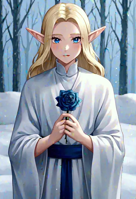 Solo, snow elf male, 18 years old, snow white skin, soft-long wavy icy blonde hair, soft facial features, icy blue eyes, neutral expression, innocence, slim, 5'4, white robes with blue stripes, holding a white rose, snowy woods scenery.