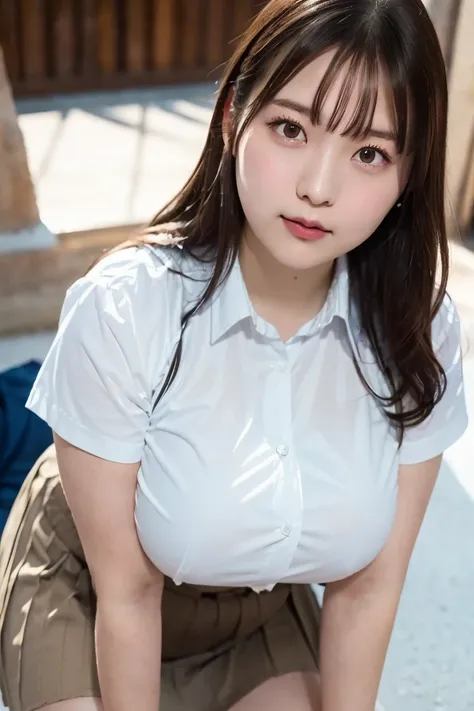 ( best quality ,Masterpiece, more details,8k, RAW photo, realistic, high resolution:1.2),( cute Japanese girl),(super huge tits:1.4),( light brown hair),( school uniform, white collar shirt, pleated skirt:, thigh length .4),(Rich:1.4),(Shoulder length),(A ...