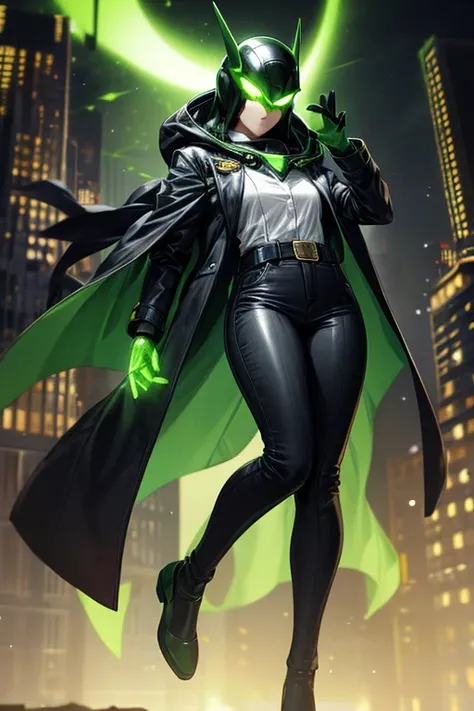 ((best quality)), ((masterpiece)), (detailed), 1 girl, full body, 30 years old, astronaut helmet, robotic supervillain mask, no hair, small diamond on forehead, glowing green eyes, android, neck black, tall, long coat, open green coat with black details, b...