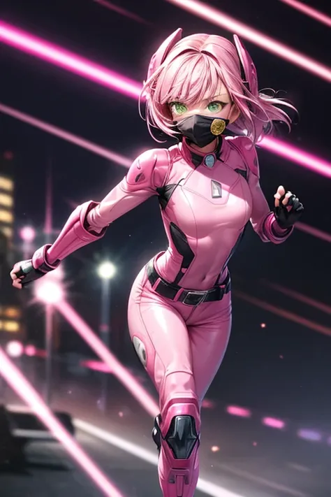 ((best quality)), ((masterpiece)), (detailed), 1 girl, 20s, young adult, emerald eyes, black facemask covering her mouth, smooth head, pink motorcycle helmet with black details, short pink hair, bangs, black neck, tall, slim, athletic, pink details, black ...