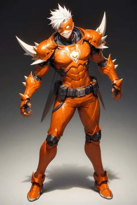 ((best quality)), ((masterpiece)), (detailed), 1 man, full body, 54 years old, senior citizen, eye mask, orange mask that covers half of his face, spiked mask, evil smile, metal goblin ears, gremlin, white hair sticking out of the top, mohawk, brown collar...