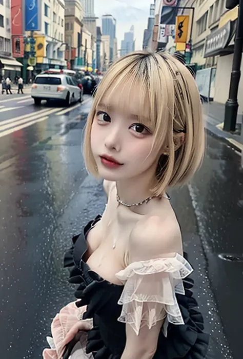  black dress  posing for photo、  Model Poses、 bold pose、  Beautiful Asian Girl 、  Japanese girl 、Cute girl slim face、 young woman、 short hair、( pink hair :1.1)、(( best quality 、8k、Masterpiece:1.3))、concentrated:1.2、 perfect body beauty:1.4、Butt:1.4、(( Laye...