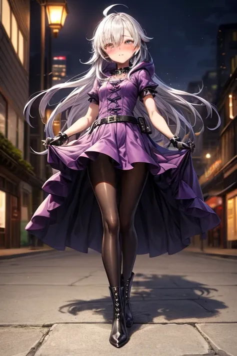 ((best quality)), ((masterpiece)), (detailed), 1 girl, Full body, s, embarrassed face, Silver eye, lilac hood, Blushing, Silver hair, Straight hair, long hair, ahoge, Bangs, Lock of hair covering right eye, Full body, very tall, small breasts, Slim body, M...