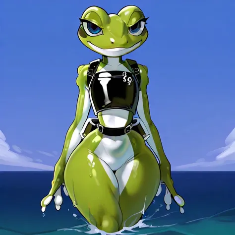 Anthropomorphic frog, Female frog diver, wearing scuba clothes, scub tank, ocean, sexy, sexy eyes, green skin, light green half tone, green body spikes, blue eyes, frog eyes, thin waist, wide hips, flat chest,