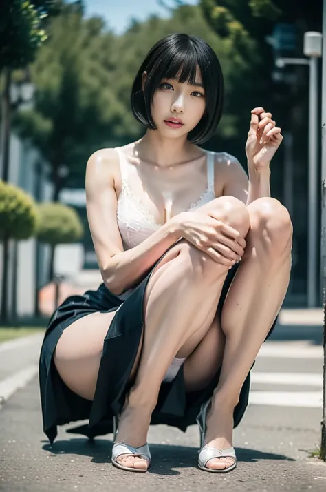 1 Female、(super beautiful)、( Beautiful Faces :1.5)、( detailed color)、 slim abs、(Sidewalk of a busy street:1.2)、 squats 、 troubled expression、 body facing the camera、(  I can clearly see the shape of a woman's pubic area)、 facing forward sticking out the ga...