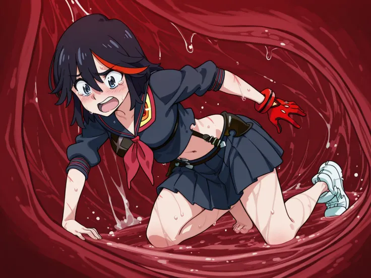 1girl, solo,1girl, matoi ryuuko, black hair, red streaked hair, short hair, blue eyes
midriff, navel, pleated skirt, school uniform, serafuku, single glove, sneakers
 ,, InternalVore, inside stomach, tight space, vore, deep red water, stomach acid, gastric...