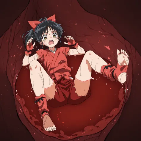 moroha, brown eyes, black hair, hair bow, ponytail, japanese clothes, fingerless gloves, toeless legwear, sharp fingernails,
, solo, 1girl,,   solo_vore_internal, inside stomach, tight space, vore, deep red water, stomach acid, gastric acids, wet, (wet ski...