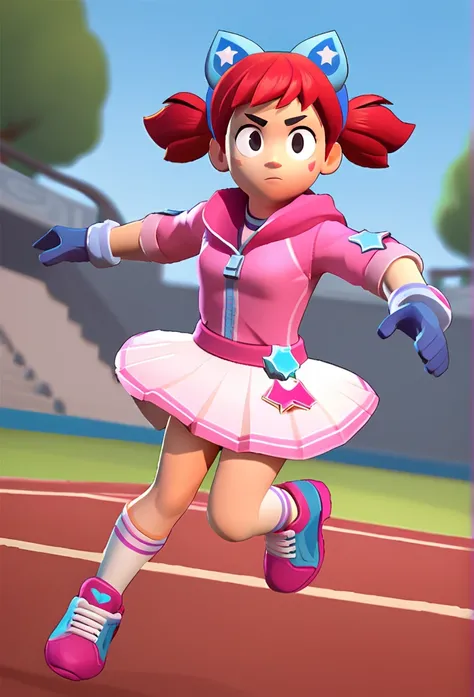 best quality, masterpiece, highres, detailed, digital artwork, short twintails, red hair, black eyes, blue gloves, pink hoodie, white skirt, shorts under skirt, ready to battle, jumping, white socks with a pink stripe, orange tennis shoes with white laces,...