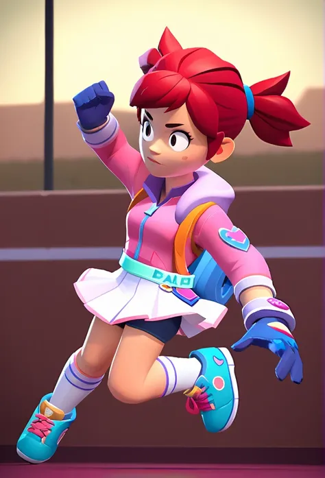 best quality, masterpiece, highres, detailed, digital artwork, short twintails, red hair, black eyes, blue gloves, pink hoodie, white skirt, shorts under skirt, ready to battle, jumping, white socks with a pink stripe, orange tennis shoes with white laces,...