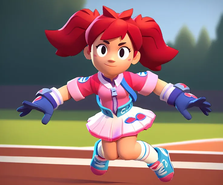 best quality, masterpiece, highres, detailed, digital artwork, short twintails, red hair, black eyes, blue gloves, pink hoodie, white skirt, shorts under skirt, ready to battle, jumping, white socks with a pink stripe, orange tennis shoes with white laces,...