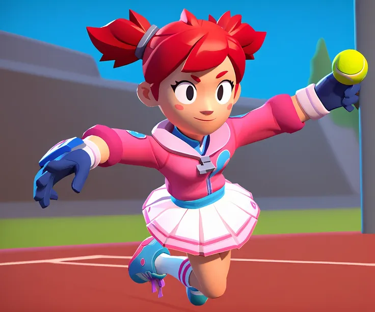 best quality, masterpiece, highres, detailed, digital artwork, short twintails, red hair, black eyes, blue gloves, pink hoodie, white skirt, shorts under skirt, ready to battle, jumping, white socks with a pink stripe, orange tennis shoes with white laces,...