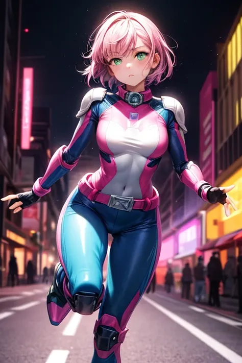 ((best quality)), ((masterpiece)), (detailed), 1 girl, 20s, young adult, emerald eyes, short pink hair, bangs, expressionless face, black collar, tall, slim, athletic, pink details, black fingerless gloves, pink wristbands, nanotech speedster suit resembli...