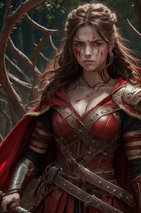  A Norse woman covered in blood ,  warrior woman with wavy brown hair ,  with a red cape ,  she wears a noble red cape  , She holds a sword filled with the blood of her enemies,  covered in blood After the battle  , na arena,  tired and slightly bruised  ....