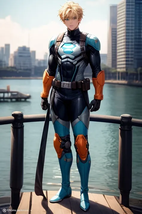 ((best quality)), ((masterpiece)), (detailed), 1 male, full body, 23 years old, blonde hair, green eyes, tall, slim, worried face, shock collar, black gloves, black chest harness belt, light blue wrist guards, sleeveless, light blue likeness suit, light bl...