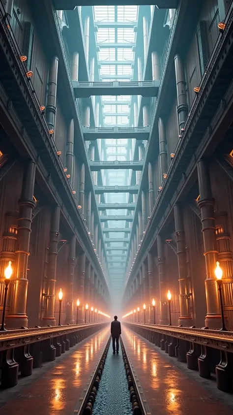 Colossal chocolate factory hallway、Endless Corridor、Steampunk Graphics 、The Eternal Corridor、Expansive manufacturing plant 、 high definition 、 HD、Realistic