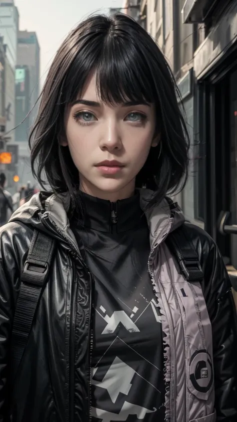 Masterpiece, 1girl, Superb Style, cyberpunk style, Streetwear clothes, Outdoor, Upper Body, Hinata, bright eyes, Black eyes, Black hair, cool girl, Realistic