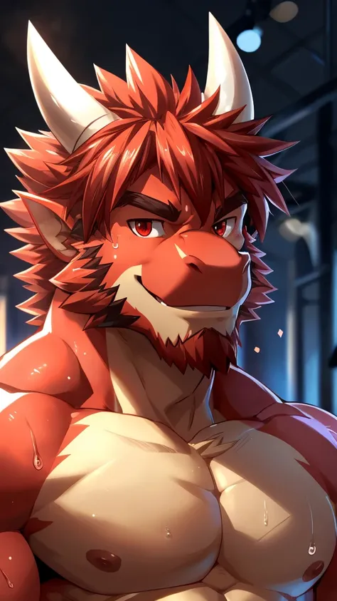 human nature, cannon, male, Solitary, ((Round Face, The face is plump, Red beard, Red eyes, Medium Red Hair, two white horn)), ((Muscular body, Bara, Hot, Sweat, Handsome)), ((Red Dragon, Dragon) Red Fur, Muscular body, Shirtless, Boxer,), (in the gym), Bo...