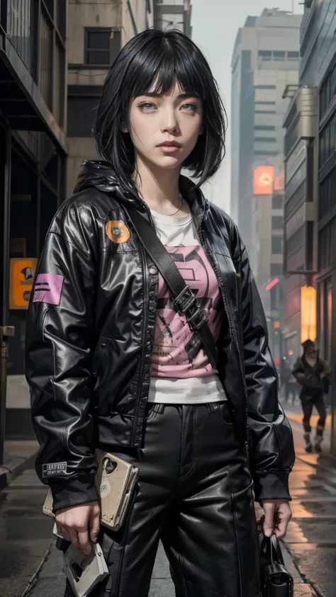 Masterpiece, 1girl, Superb Style, cyberpunk style, Streetwear clothes, Outdoor, Cowboy Shot, Hinata, bright eyes, Black eyes, Black hair, cool girl, Realistic